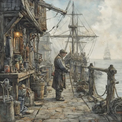 Prompt: (old man ship builder), (antique wooden wharf at the waters edge), (cranes and ropes) in intricate detail, medieval fantasy setting, watercolor painting anton pieck style, soft and muted colors, warm ambient lighting, filled with dust motes, nostalgic atmosphere, charming clutter, whimsical and dreamy quality, ultra-detailed, inviting vibe that captures the essence of craftsmanship and imagination.