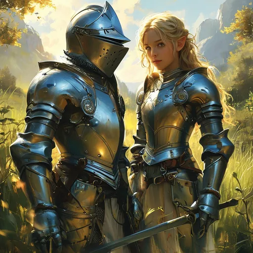 Prompt: (gnome knight, ready for action), (elven maiden), lush grassy hill, vibrant sunny day, golden clouds overhead, dramatic shadows, cheerful ambiance, whimsical atmosphere, detailed armor and weaponry for the gnome knight, elegant attire for the elven maiden, bright color tones, (ultra-detailed), enchanting scenery, serene yet adventurous vibe.