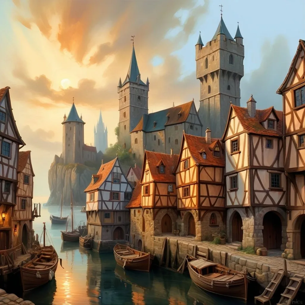 Prompt: Medieval harbor town with high buildings, fantasy, rough strokes oil painting, fantasy, high quality, detailed, atmospheric, old world charm, warm lighting, textured brushstrokes, fantasy architecture, towering structures, high vantage point, lookign down, mystical aura, detailed stone architecture, anton piek