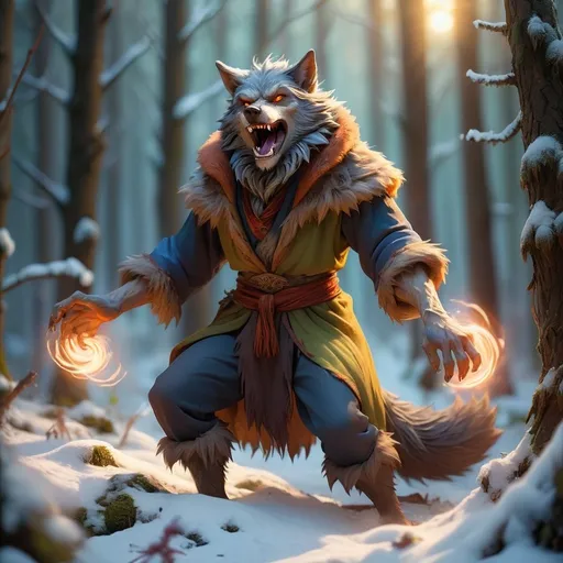 Prompt: Full body werewolf mage in a forest in winter, Magical swirling flashes, low sun, warm and homely atmosphere, high quality, detailed fur, fantasy, magical, mystical, snowy landscape, peaceful setting, vibrant fur colors, serene and enchanting lighting