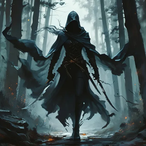 Prompt: shadow assassin DnD character, (swirling black smoke) enveloping a lithe figure, (daggers at the ready) poised for action, ambush in the woods, (medieval fantasy) atmosphere,  deep shadows contrasting with faint glimmers of light, mysterious aura surrounding the character, high detail textures, (dramatic lighting) creating tension and intrigue, dark tones, (4K resolution) for a captivating and immersive scene.