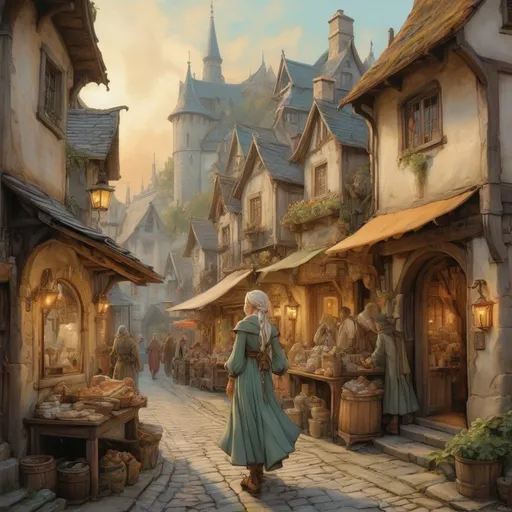 Prompt: Ink painting of a vintage fantasy DND character, female elf mage walking in Anton Pieck style, line art, quaint harbor village, detailed elven features, flowing detailed intricate mage robes, crowded marketplace, charming cobblestone streets, antique color palette, delicate line work, atmospheric lighting, high quality, detailed, fantasy, vintage, DND, female elf, quaint village, bustling marketplace, ink painting, Anton Pieck style, line art, charming streets, vintage colors, detailed features, sunny atmosphere