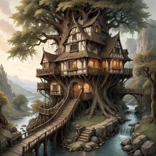 Prompt: Anton Pieck style illustration of a large medieval fantasy treehouse tavern build in a large continuous willowing tree with large branches at dusk, inviting entrance with bridge, terrasse,  connected paths, high in the mountains, flowing stream, waterfall, vintage paper texture, intricate line work, high detail, mystical atmosphere, warm and nostalgic tones, soft lighting, high quality, warm window lighting, romantic