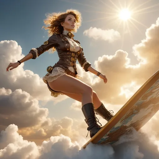 Prompt: female steampunk adventurer surfing on the clouds, high up in the sky, sleek steam punk surfboard, contact with the clouds, golden clouds, sun beams, intricate steampunk gadgets and attire, warm and radiant light, rough admosphere, gorgeous face, fantasy setting, detailed background with sunlit skies and fluffy golden clouds, dynamic and energetic pose, ultra-detailed, 4K, high quality, cinematic colors