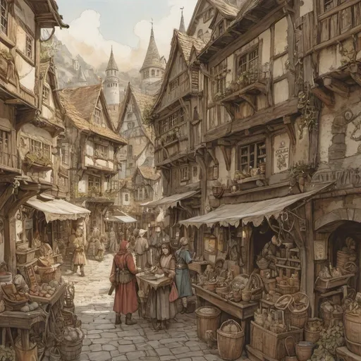 Prompt: highly detailed, Ink painting of a vintage fantasy DND character, female elf mage browsing in Anton Pieck style, line art, quaint harbor village, detailed elven features, detailed faces, flowing detailed intricate mage robes, floating magic book, crowded marketplace, charming cobblestone streets, antique color palette, delicate line work, atmospheric lighting, high quality, detailed, fantasy, vintage, DND, female elf, quaint village, bustling marketplace, ink painting, Anton Pieck style, line art, charming streets, vintage colors, detailed features, sunny atmosphere