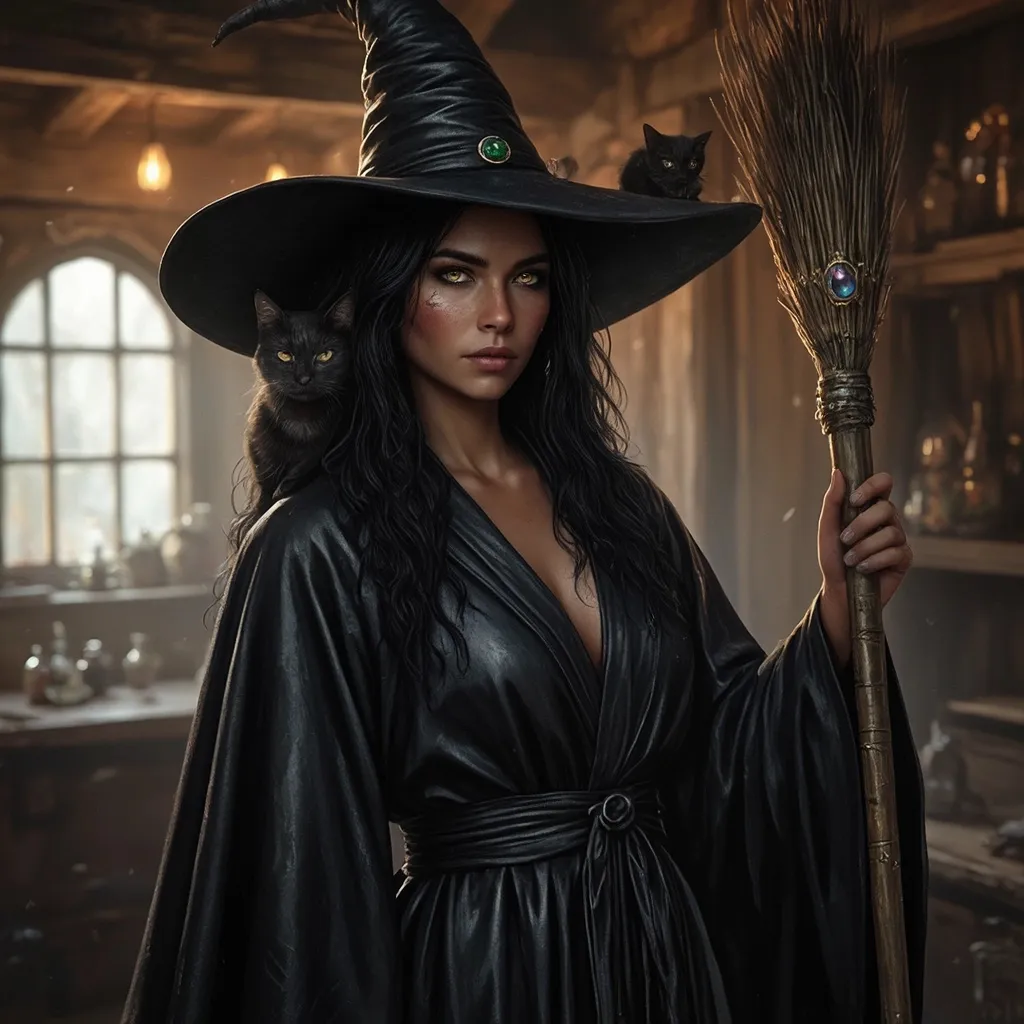 Prompt: realistic digital art of a gorgeous dark haired indian witch, glowing dark goldeneyes, adorned in smooth black robes made of simple sleek leather, her pointy hat`s wide brim casting an enchanting silhouette, a sleek cat perched gracefully on her shoulder, magical  broom in hand with inlaid stones, surrounded by the rustic charm of a cozy witches cabin, with a couldren and potions in the background, warm light filtering through wooden beams, inviting atmosphere, highly detailed, immersive, mystical ambiance, ultra-detailed, high quality.