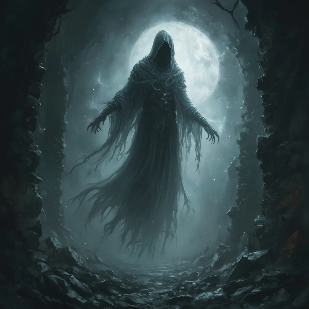 Prompt: (spooky ghost), floating in ancient ruins, (medieval fantasy setting), ethereal and translucent spectre, eerie atmosphere, dimly lit environment with rays of moonlight filtering through debris, mystical shadows, high detail, enchanting yet somber ambiance, (delicate wisps of mist), profound depth, captivating visual narrative.