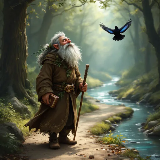 Prompt: dnd Adventurer gnome druid walking through a lush forest along a creek with his friend magpie flying overhead, sunlight filtering through the trees, a camp with tent furter down the road,