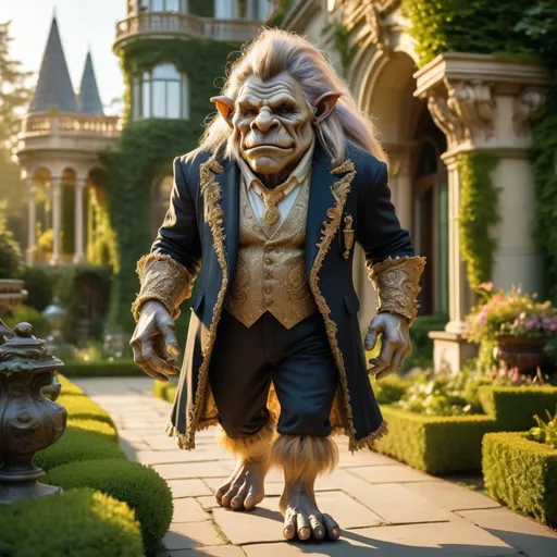 Prompt: (aristocratic mountain troll), dressed in luxurious (Victorian attire), elegantly strolling through lush, vibrant gardens of an opulent mansion, medieval fantasy, detailed foliage and ornate sculptures in the background, soft golden sunlight casting a warm glow, creating a charming and refined atmosphere, showcasing fine craftsmanship in clothing, high quality, (ultra-detailed), enchanting ambiance.