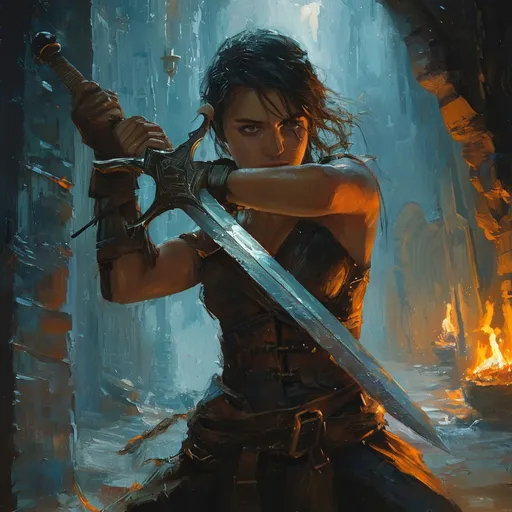 Prompt: Rough oil painting, (epic swordfight), female DnD Characters, intense fight scene, dramatic clash in a dark, atmospheric dungeon, torches casting flickering shadows, detailed textures, dynamic poses, energetic movement, (Justin Gerard style), high quality, vibrant colors, capturing the essence of high-stakes adventure and fantasy immersion.