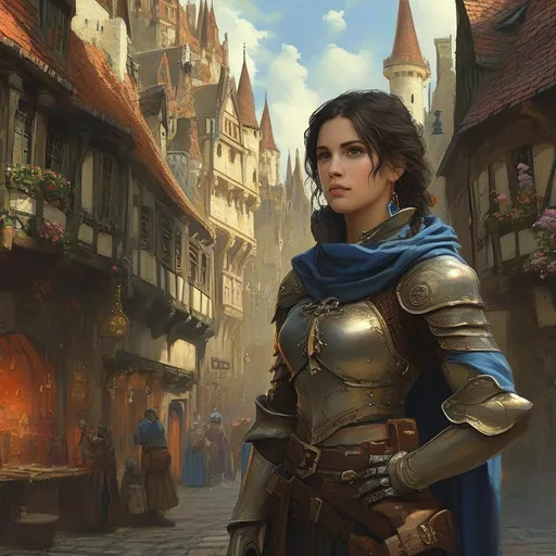 Prompt: (a pretty medieval fantasy female city watch), (intricately designed armor), standing resolutely at the gates of a bustling town, (Anton Pieck style painting), warm earthy tones, detailed scenery, charming whimsical atmosphere, bustling market in the background, subtle highlights on armor, (classic artistry), enchanting and inviting vibe, (4K), high-quality, ultra-detailed, cinematic depth.