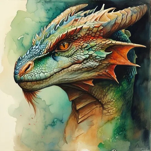 Prompt: (artistic masterpiece) portrait of a dragonborn, (Anton Pieck style), watercolor, whimsical and enchanting scene, soft pastel color palette, dreamy ambiance, intricate details, gentle brush strokes, high-quality look, ethereal atmosphere, infused with a sense of nostalgia and wonder, ultra-detailed.