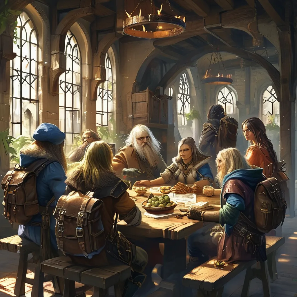 Prompt: hghly detailed, (diverse group of DnD adventurers), diverent fantasy races,  in a medieval guildhouse (anton pieck style) , soft sunlight through the windows, (beautiful detailed faces), (medieval fantasy Setting), sitting around a Table, (detailed character designs with backpacks and gear), (immersive composition).