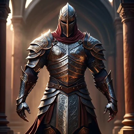 Prompt: (muscular man without a head), imposing presence, (full plate armor), gleaming metal, no helmet, intricate detailing, powerful stance, dramatic shadows, (fantasy theme), rich colors, mysterious atmosphere, (highly detailed), (4K resolution), epic background setting, ethereal lighting, evokes awe and intimidation, photorealistic picture.