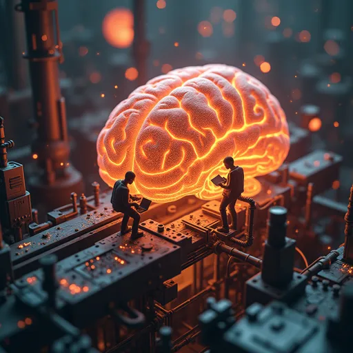 Prompt: Tiny people working inside a giant glowing brain, neuron wires like factory pipes, futuristic workplace, high-detail digital art, cinematic lighting