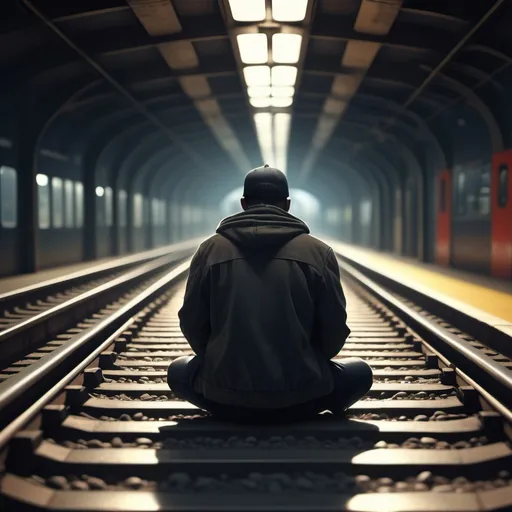 Prompt: (realistic point of view), a perspective of a man sitting on metro track, (highly detailed), (artistic depth), urban setting, dramatic lighting casting shadows, surrounding atmosphere of solitude and introspection, textured backgrounds of industrial elements, contrast between dark train tracks and slightly vibrant colors in the distance, (4K) urban scene, conveying a sense of stillness and anticipation.