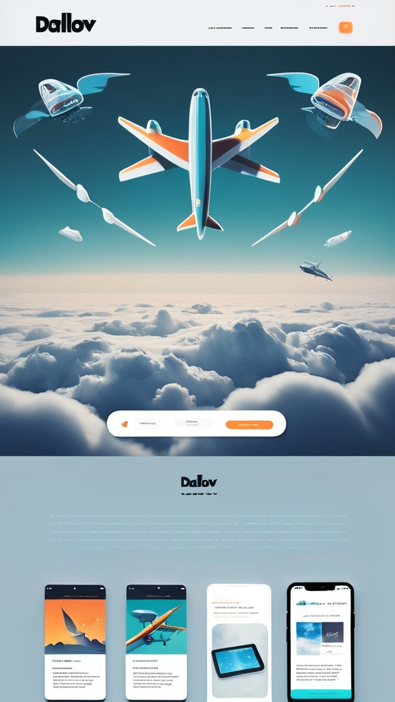 Prompt: a website page with a plane flying over the clouds and a phone on the screen, and a tablet on the side, Dahlov Ipcar, panfuturism, behance hd, a screenshot