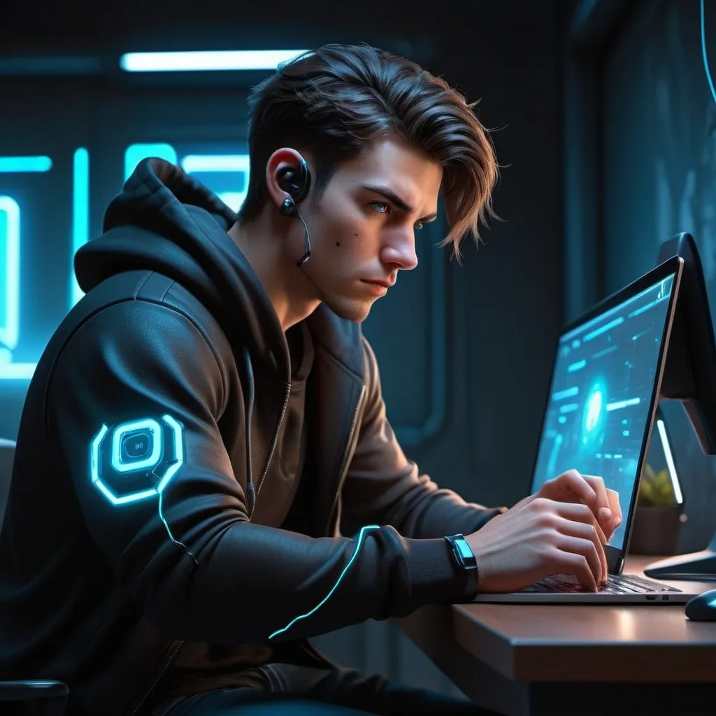Prompt: ✅ General Style: Sci-Fi 3D Realistic
✅ Character Model View: Front, Side, Back
✅ Aspect Ratio: 1:1 (1024x1024)
✅ Lighting: Soft Cyberpunk Glow
✅ Camera: Neutral Perspective, Character Reference Style
✅ Outfit: Dark Hoodie with faint circuit patterns
✅ Expression: Tired, Frustrated
✅ Accessories: Laptop (Freelancer.com logo on screen), Smartwatch (cracked screen), Wireless Earbud (one loose)

🔹 Prompt:
"A 25-year-old young man with short black hair, slightly unkempt, deep brown eyes with visible dark circles, and a light stubble on his face. He has a slim but toned physique. Wearing a dark hoodie with a subtle circuit-pattern design, dark jeans, and a worn-out smartwatch with a cracked screen on his wrist. He sits at a desk with a laptop in front of him, the screen glowing with 'Application Rejected' on Freelancer.com. His expression is tired and frustrated, with one wireless earbud hanging loosely. The room is dimly lit, with a cyberpunk city visible through the window, neon lights reflecting off the walls. The environment suggests a struggling but determined freelancer in a futuristic setting."