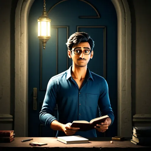 Prompt: "A 28-year-old male historian, Bengali, with a slim physique, wearing a deep blue shirt and khaki pants. He has thin-rimmed glasses, neatly combed hair, and a curious expression. He holds a leather-bound notebook in one hand, standing inside an old, gothic-style mansion with dim lighting and dusty furniture. The background has a mysterious blue door, exuding an eerie glow. Dark and gothic, 3D realistic, cinematic lighting, high detail."
