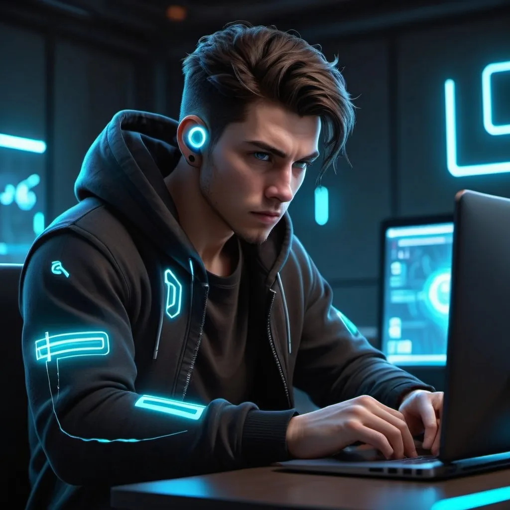 Prompt: ✅ General Style: Sci-Fi 3D Realistic
✅ Character Model View: Front, Side, Back
✅ Aspect Ratio: 1:1 (1024x1024)
✅ Lighting: Soft Cyberpunk Glow
✅ Camera: Neutral Perspective, Character Reference Style
✅ Outfit: Dark Hoodie with faint circuit patterns
✅ Expression: Tired, Frustrated
✅ Accessories: Laptop (Freelancer.com logo on screen), Smartwatch (cracked screen), Wireless Earbud (one loose)

🔹 Prompt:
"A 25-year-old young man with short black hair, slightly unkempt, deep brown eyes with visible dark circles, and a light stubble on his face. He has a slim but toned physique. Wearing a dark hoodie with a subtle circuit-pattern design, dark jeans, and a worn-out smartwatch with a cracked screen on his wrist. He sits at a desk with a laptop in front of him, the screen glowing with 'Application Rejected' on Freelancer.com. His expression is tired and frustrated, with one wireless earbud hanging loosely. The room is dimly lit, with a cyberpunk city visible through the window, neon lights reflecting off the walls. The environment suggests a struggling but determined freelancer in a futuristic setting."