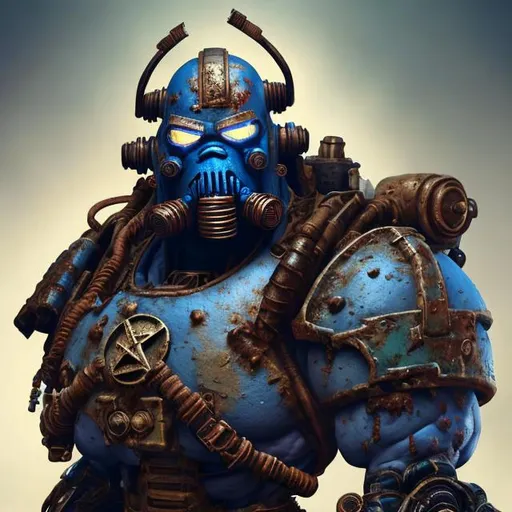 Prompt: generate a a beautiful portrait of a Supermutant , based on Fallout game  with blue skin, muscular fit giant body, wearing a scrap parts metal armor holding a flag photography  3 point lighting, flash with softbox, by Annie Leibovitz, 80mm
