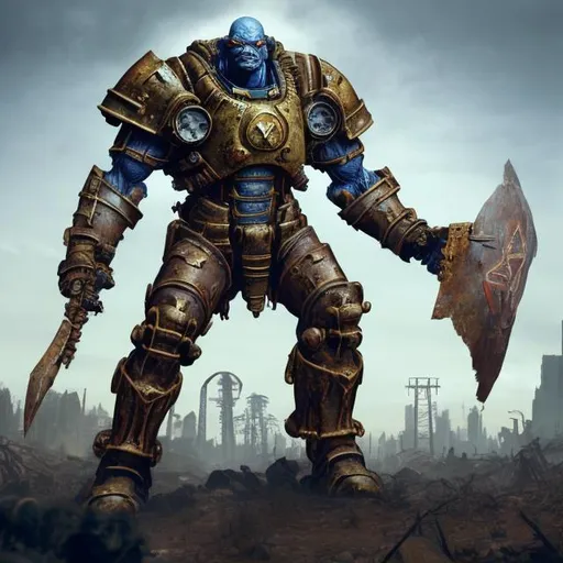 Prompt: generate a a beautiful portrait of a Supermutant , based on Fallout game  with blue skin, muscular fit giant body, wearing a scrap parts metal armor holding a flag photography  3 point lighting, flash with softbox, by Annie Leibovitz, 80mm