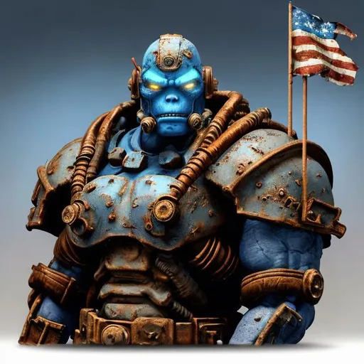 Prompt: generate a a beautiful portrait of a Supermutant , based on Fallout game  with blue skin, muscular fit giant body, wearing a scrap parts metal armor holding a flag photography  3 point lighting, flash with softbox, by Annie Leibovitz, 80mm