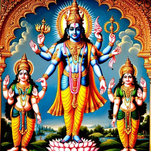 Prompt: Lord Vishnu standing in glorious form with four hands.