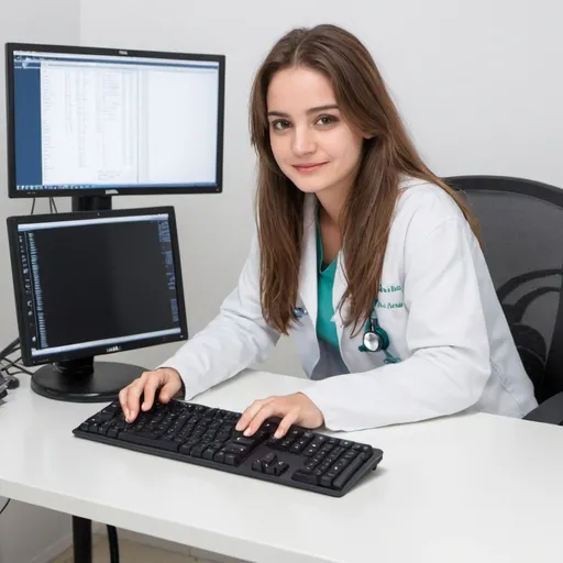 Prompt: uma medica de 26 anos usando jaleco na cor branca sentada em uma mesa com computador