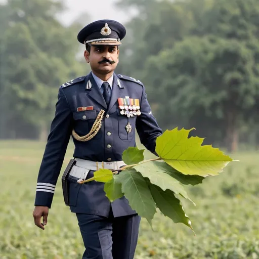 Prompt: indian flight lieutenant carrying leaf in flight