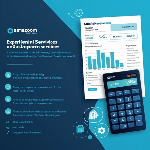 Prompt: Create a professional Fiverr gig image with a light blue gradient background. In the center, include high-quality icons of a calculator and financial charts. Place an Amazon logo in the bottom right corner. Overlay the text 'Expert Bookkeeping & VA Services' at the top center in bold, dark blue font. Add additional text below the main title: '1 Month Bookkeeping + VA Support' in a smaller, simple font. Ensure the design is clean, visually appealing, and well-balanced."

Details for DALL-E Prompt
Background: Light blue gradient
Main Visuals:
Icons: Calculator and financial charts
Logo: Amazon logo in the bottom right corner
Text Overlay:
Main Title: "Expert Bookkeeping & VA Services"
Font: Bold
Color: Dark blue
Additional Details: "1 Month Bookkeeping + VA Support"
Font: Simple, legible
Color: Complementary to the main title
Layout: Centered main visuals, text at the top and below the title