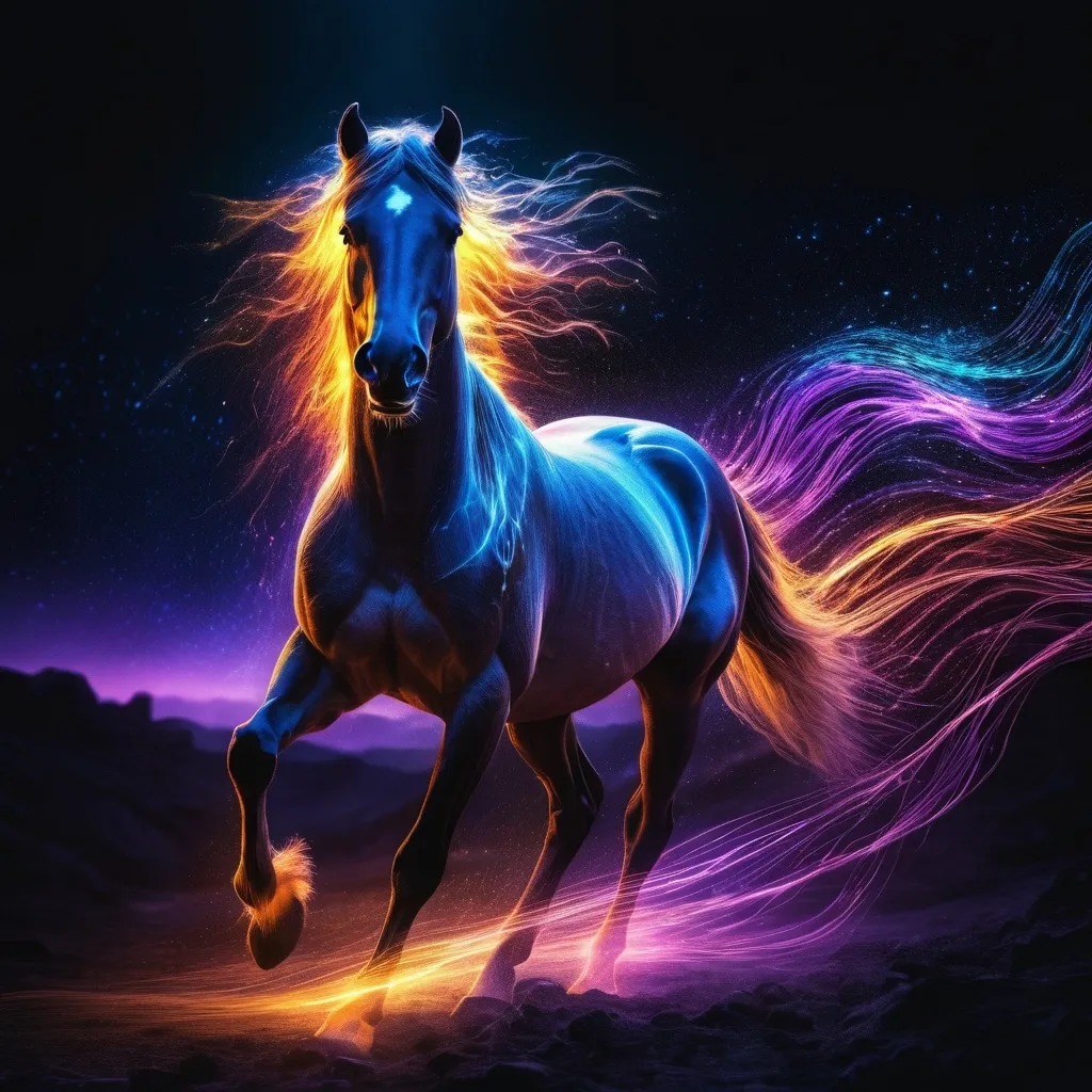 Prompt: Epic painting of a fantasy horse with light tracing, light trail photography, fibre optics, dark background, 8k, brilliant and dramatic illulumination, corona effect