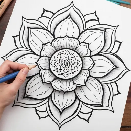 Prompt: create a lotus flower mandala for adults, outline-only