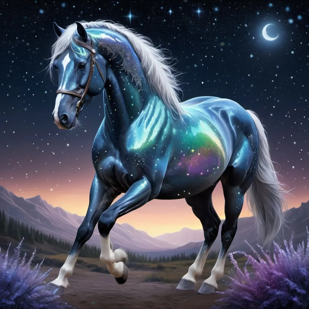 Prompt: Fantasy stallion with intricate glittering and made of delicate iridescent crystals. Sparkling. Starry night. Nature environment. Magical atmosphere. Photorealistic. Highly detailed painting. 64k resolution.