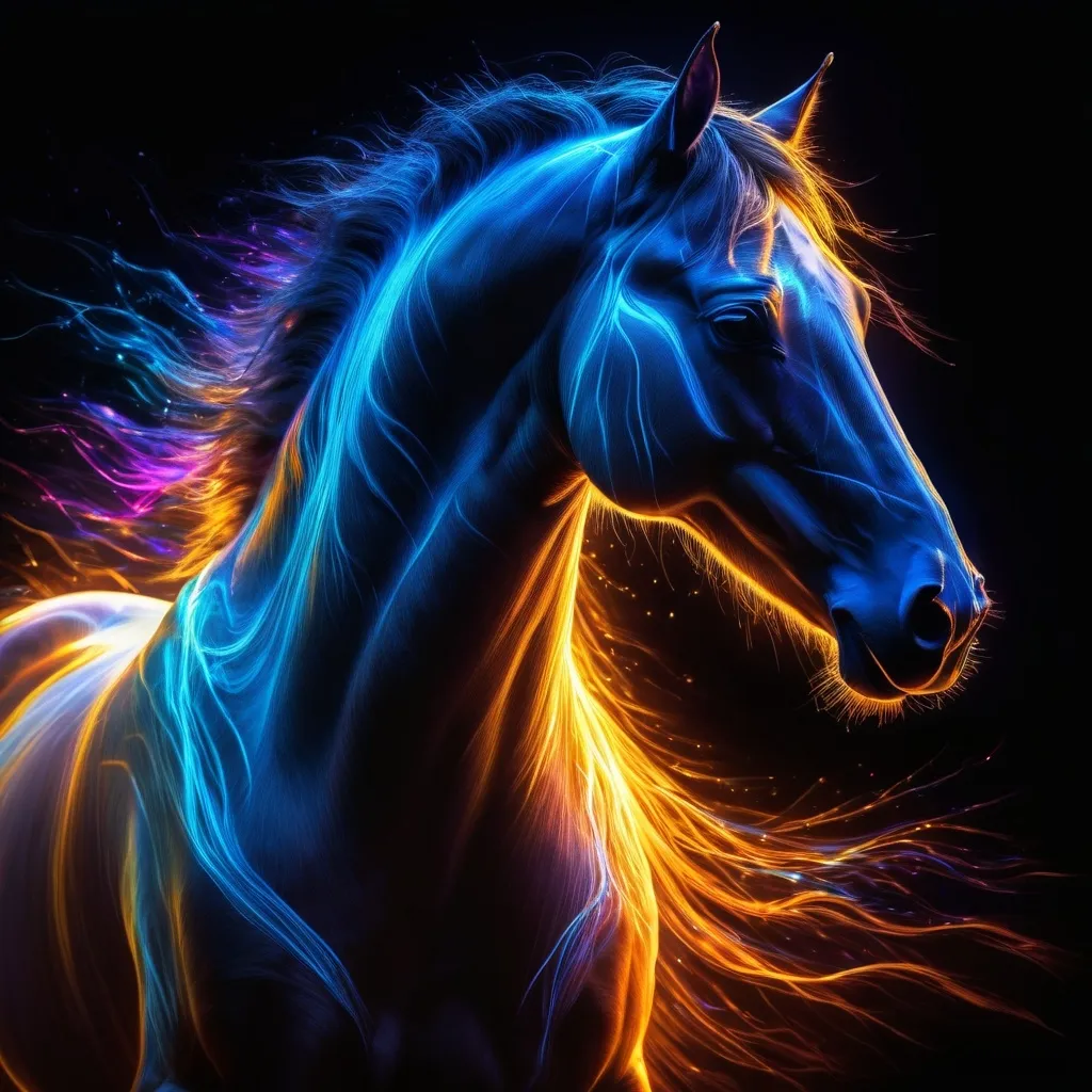 Prompt: Epic painting of a fantasy horse with light tracing, light trail photography, fibre optics, dark background, 8k, brilliant and dramatic illulumination, corona effect