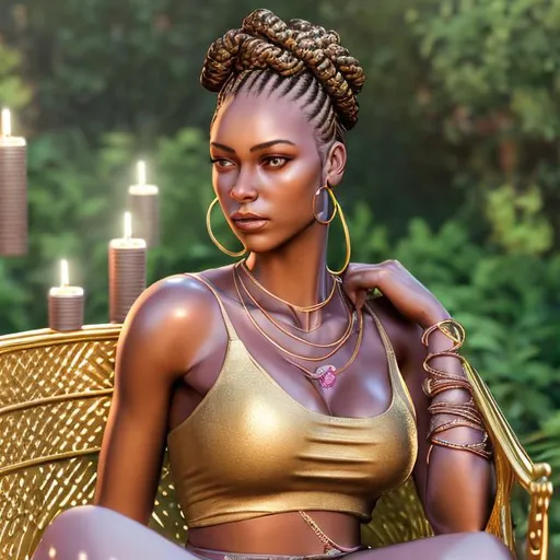 Prompt: create a realism hyper realistic image of a an african american woman with a braided bun. She is sitting in a tub in the garden of beautiful foilage ,sippin wine with a book,crystals,luxury candles, skyview blue with  rainbow in the skyshe has on gold bangles and hoop earrings and soft glam makeup