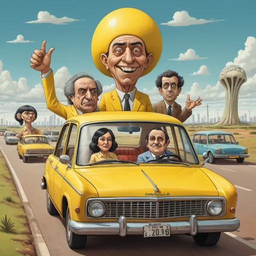 Prompt: "Brasília Amarela driving through a surreal landscape full of caricatured characters and absurd situations."