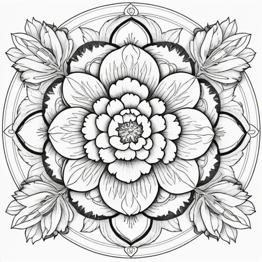 Prompt: Create a detailed mandala coloring page for adults with the theme of peonies. It should contain complex and symmetrical patterns suitable for coloring. The image should be in black and white, featuring elements such as peonies, geometric shapes, and intricate lines. The design should have a meditative and calming effect.
