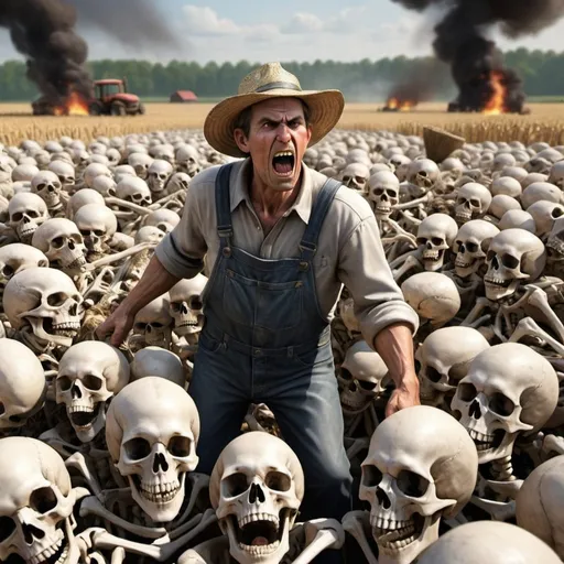 Prompt: “rage bait interaction farmer” is a term used on the internet for baiting likes on social media. Make a photorealistic image of a farmer draining an angry mob of skeletons energy 