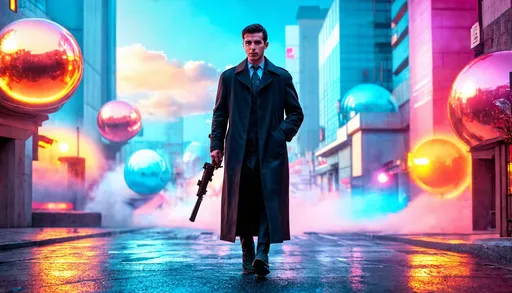 Prompt: Young man in retro sci-fi fashion walking in steamy streets, long trenchcoat, retro noir sci-fi weapon, vibrant retro science fiction cityscape in the background, colorful sky, spheres, domes, interconnected bubble, high quality, retro sci-fi, vibrant colors, atmospheric lighting