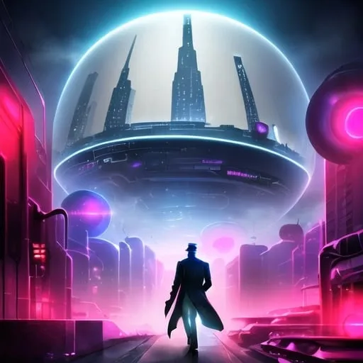 Prompt: Young man in retro sci-fi fashion walking in steamy streets, long trenchcoat, retro noir sci-fi weapon at his side, vast retro science fiction cityscape, vibrant colorful sky, spheres, domes, interconnected bubble, professional, atmospheric lighting, detailed clothing, high-tech, futuristic, noir, vibrant colors, detailed cityscape, retro, sci-fi, cool tones, atmospheric steam