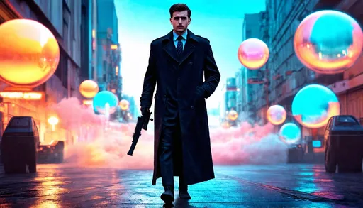 Prompt: Young man in retro sci-fi fashion walking in steamy streets, long trenchcoat, retro noir sci-fi weapon, vibrant retro science fiction cityscape in the background, colorful sky, spheres, domes, interconnected bubble, high quality, retro sci-fi, vibrant colors, atmospheric lighting