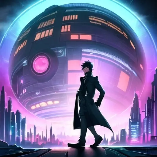 Prompt: Young man in retro sci-fi fashion walking in steamy streets, long trenchcoat, retro noir sci-fi weapon at his side, vast retro science fiction cityscape, vibrant colorful sky, spheres, domes, interconnected bubble, professional, atmospheric lighting, detailed clothing, high-tech, futuristic, noir, vibrant colors, detailed cityscape, retro, sci-fi, cool tones, atmospheric steam