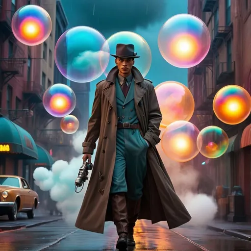 Prompt: Young man in retro sci-fi fashion walking in steamy streets, long trenchcoat, retro noir sci-fi weapon at his side, vast retro science fiction cityscape, vibrant colorful sky, spheres, domes, interconnected bubble, professional, atmospheric lighting, detailed clothing, high-tech, futuristic, noir, vibrant colors, detailed cityscape, retro, sci-fi, cool tones, atmospheric steampunk