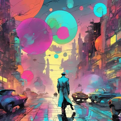 Prompt: Young man in retro sci-fi fashion walking in steamy streets, long trenchcoat, retro noir sci-fi weapon at his side, vast retro science fiction cityscape, vibrant colorful sky, spheres, domes, interconnected bubbles, professional, atmospheric lighting, detailed clothing, high-tech, futuristic, noir, vibrant colors, detailed cityscape, retro, sci-fi, cool tones, atmospheric steam, steampunk