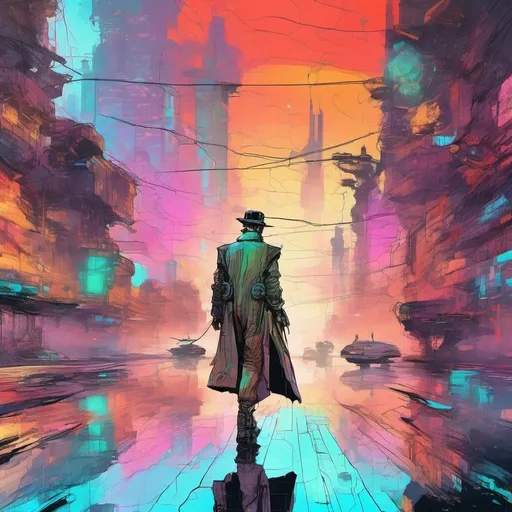 Prompt: Young man in retro sci-fi fashion walking in steamy streets, long trenchcoat, retro noir sci-fi weapon at his side, vast retro science fiction cityscape, vibrant colorful sky, spheres, domes, interconnected bubbles, professional, atmospheric lighting, detailed clothing, high-tech, futuristic, noir, vibrant colors, detailed cityscape, retro, sci-fi, cool tones, atmospheric steam, steampunk