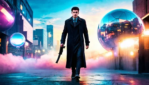 Prompt: Young man in retro sci-fi fashion walking in steamy streets, long trenchcoat, retro noir sci-fi weapon, vibrant retro science fiction cityscape in the background, colorful sky, spheres, domes, interconnected bubble, high quality, retro sci-fi, vibrant colors, atmospheric lighting