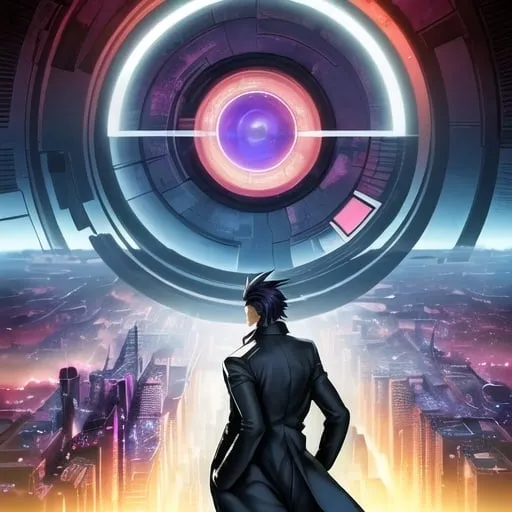 Prompt: Young man in retro sci-fi fashion walking in steamy streets, long trenchcoat, retro noir sci-fi weapon at his side, vast retro science fiction cityscape, vibrant colorful sky, spheres, domes, interconnected bubble, professional, atmospheric lighting, detailed clothing, high-tech, futuristic, noir, vibrant colors, detailed cityscape, retro, sci-fi, cool tones, atmospheric steampunk