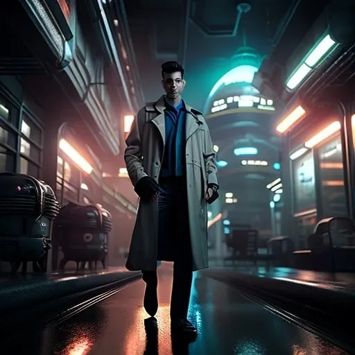 Prompt: Young man in retro sci-fi fashion walking in steamy streets, long trenchcoat, retro noir sci-fi weapon at his side, vast retro science fiction cityscape, vibrant colorful sky, spheres, domes, interconnected bubble, professional, atmospheric lighting, detailed clothing, high-tech, futuristic, noir, vibrant colors, detailed cityscape, retro, sci-fi, cool tones, atmospheric steam
