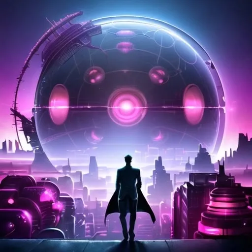 Prompt: Young man in retro sci-fi fashion walking in steamy streets, long trenchcoat, retro noir sci-fi weapon at his side, vast retro science fiction cityscape, vibrant colorful sky, spheres, domes, interconnected bubble, professional, atmospheric lighting, detailed clothing, high-tech, futuristic, noir, vibrant colors, detailed cityscape, retro, sci-fi, cool tones, atmospheric steampunk